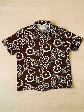 Folk Brown and White Floral Short Sleeve Button-Down Shirt Men Size L